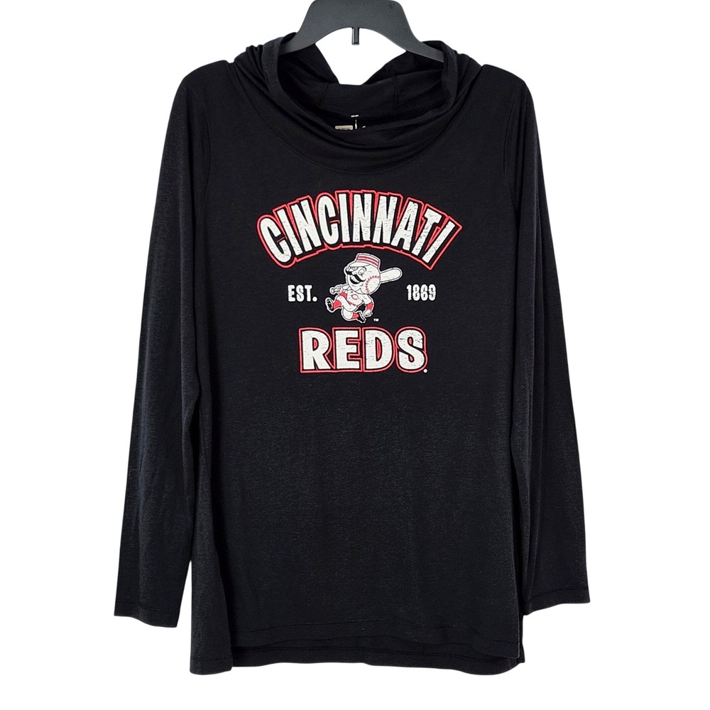 NEW Cincinnati Reds Hooded Shirt Womens Large Black Campus Lifestyle Cooperstown